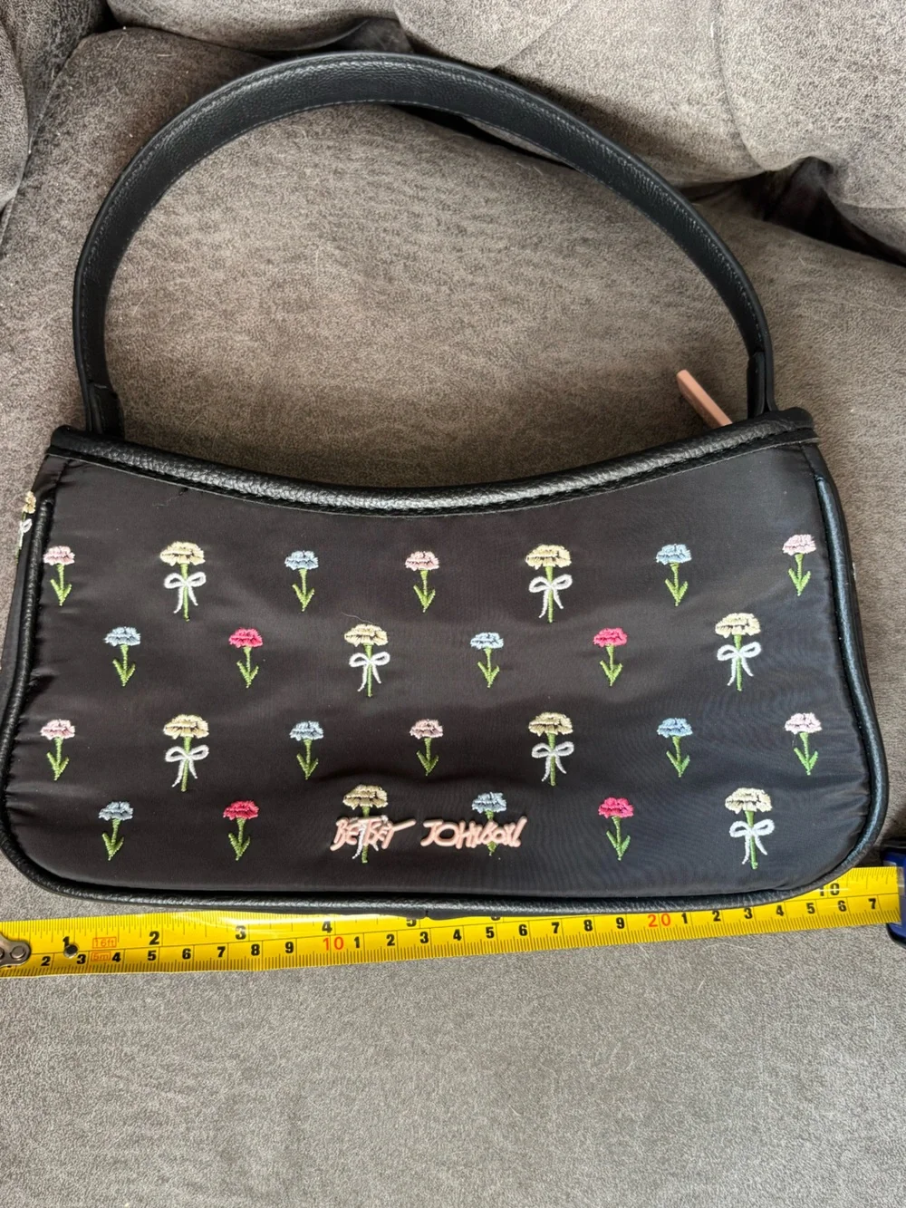 Betsey Johnson Black Shoulder Bag with Multicolor Floral Embroidery